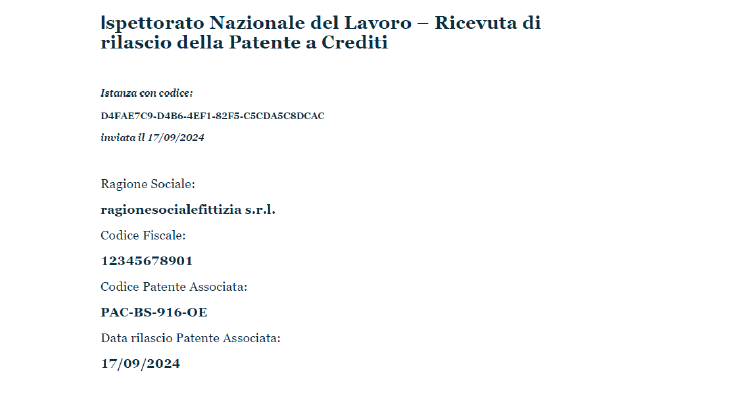 Ricevuta di Rilascio della Patente a Crediti dell'Ispettorato Nazionale del LAvoro