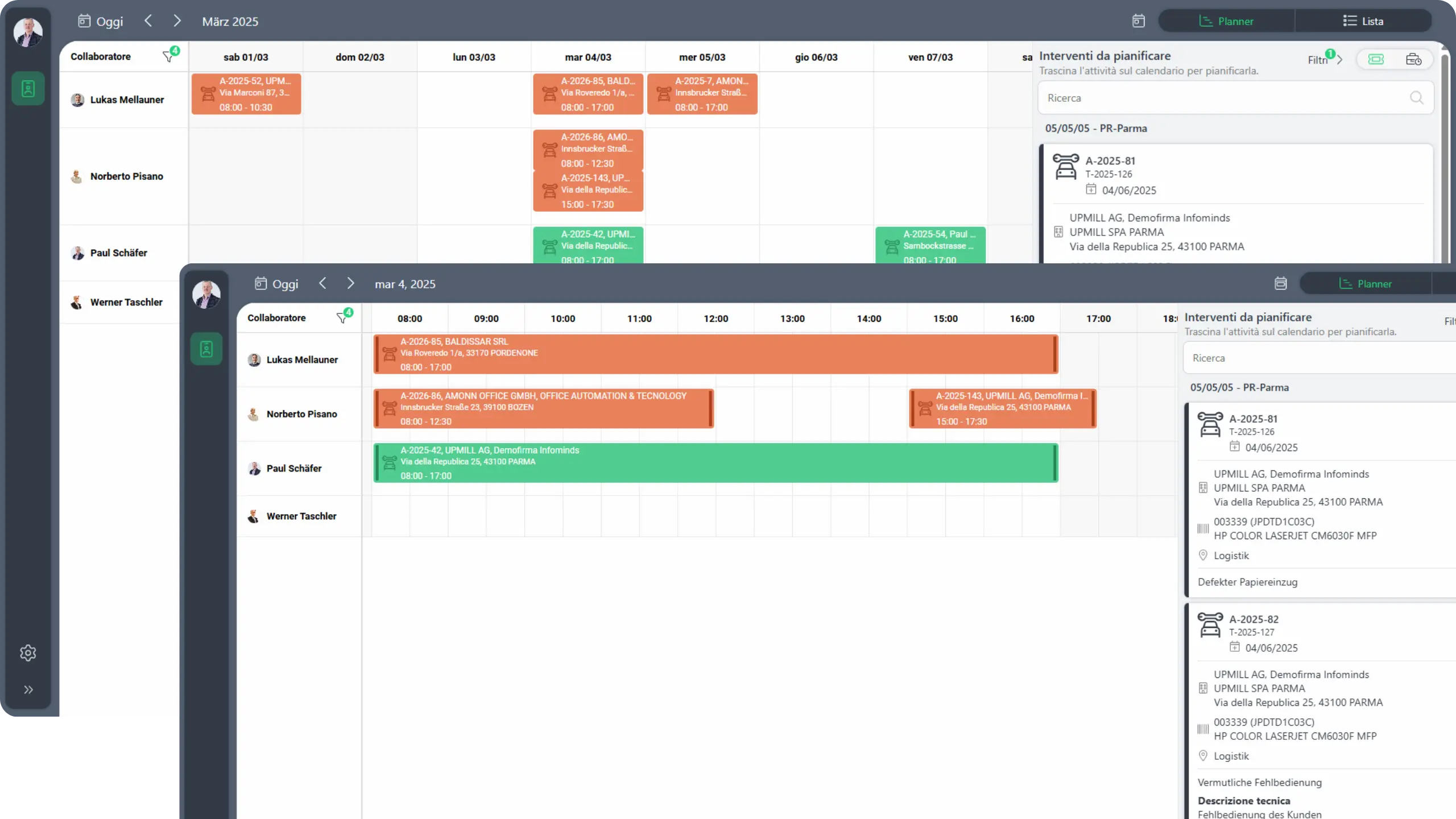 Planner Radix+: calendario settimanale con drag and drop per la pianificazione degli interventi tecnici