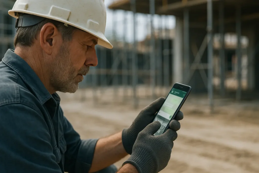 Capocantiere utilizza app per gestione cantiere su smartphone in cantiere edile