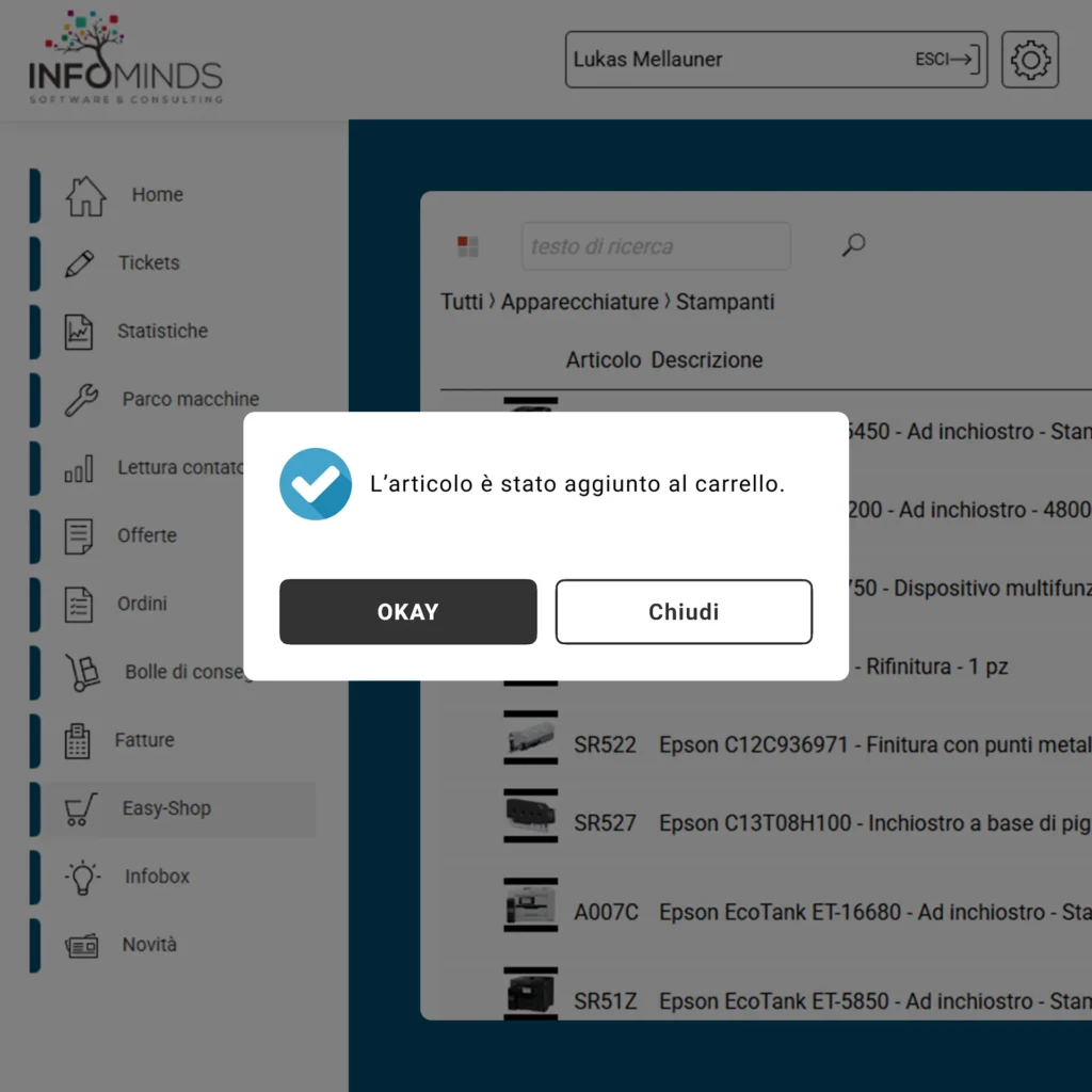 Dashboard Aggiunta prodotti al carrello Portale Ordini B2B
