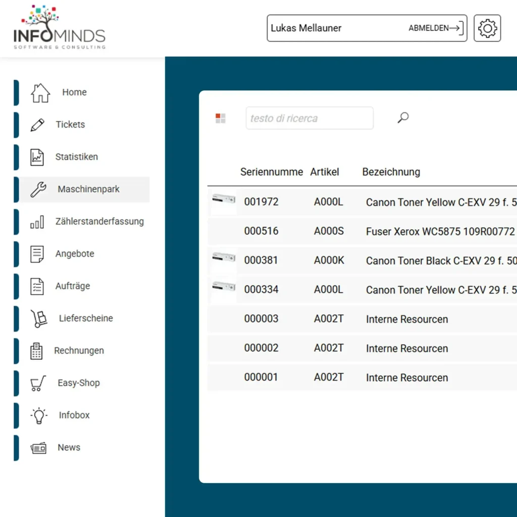 Maschinenpark (Asset Management) Service-Kundenportal