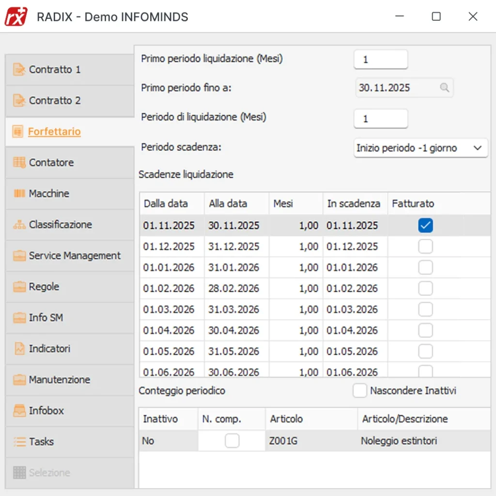 Software gestionale Radix: schermata gestione contratti per manutenzione e noleggio