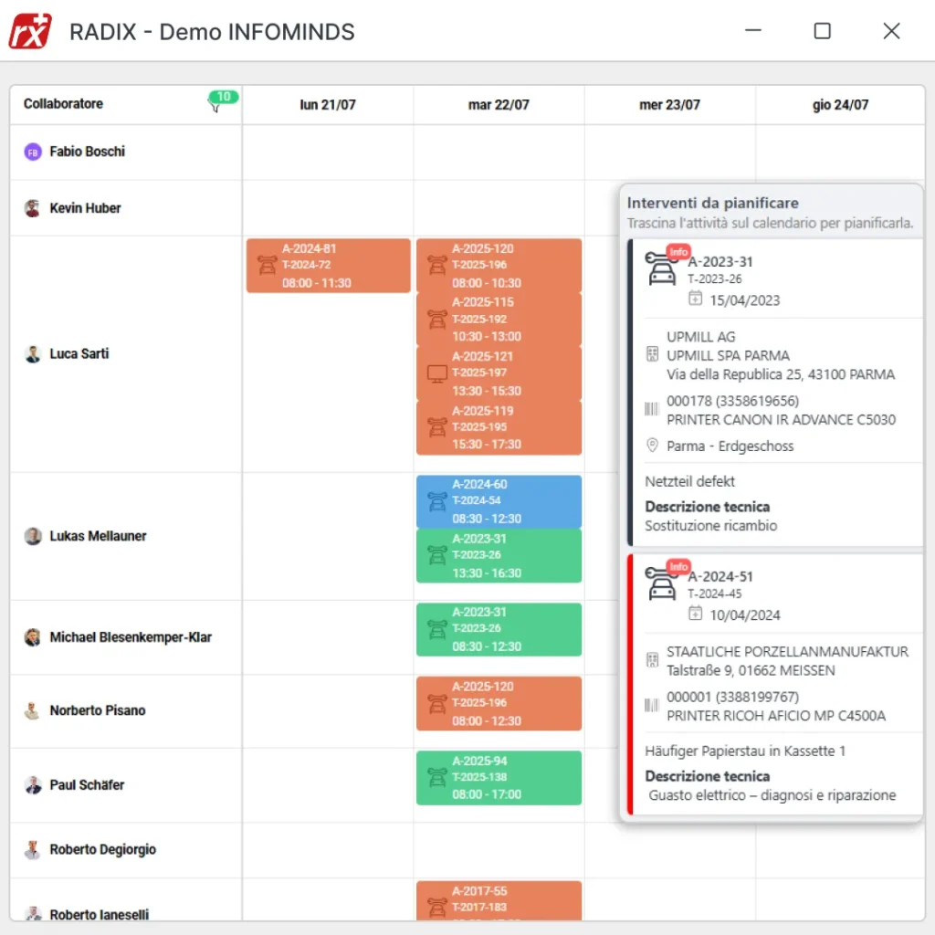 Software gestionale Radix: schermata programmazione interventi per manutenzione e noleggio