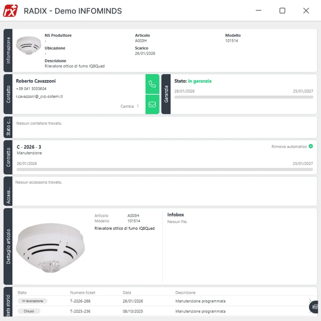 Software gestionale Radix: schermata gestione richieste di intervento per impianti antincendio