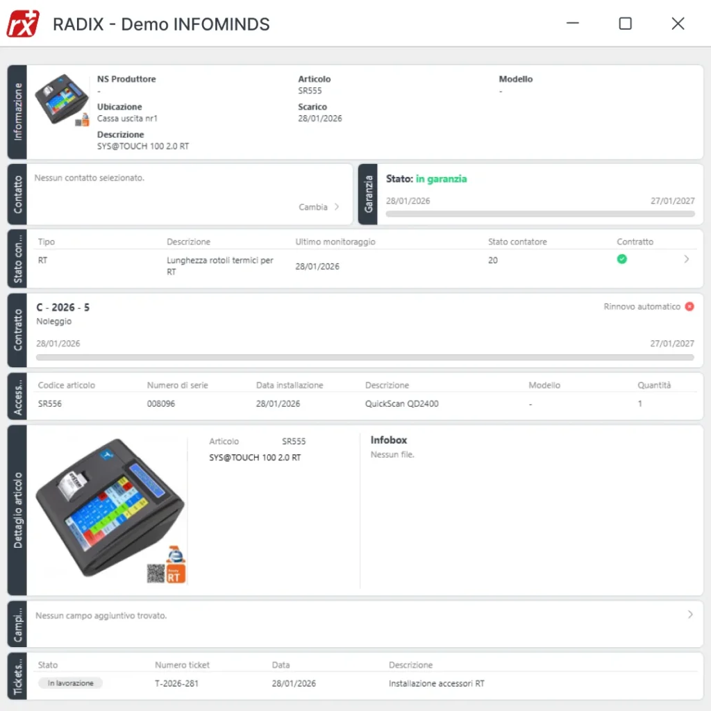 Software gestionale Radix: schermata gestione guasti, riparazioni e manutenzione straordinaria per attrezzature negozi e attività professionali