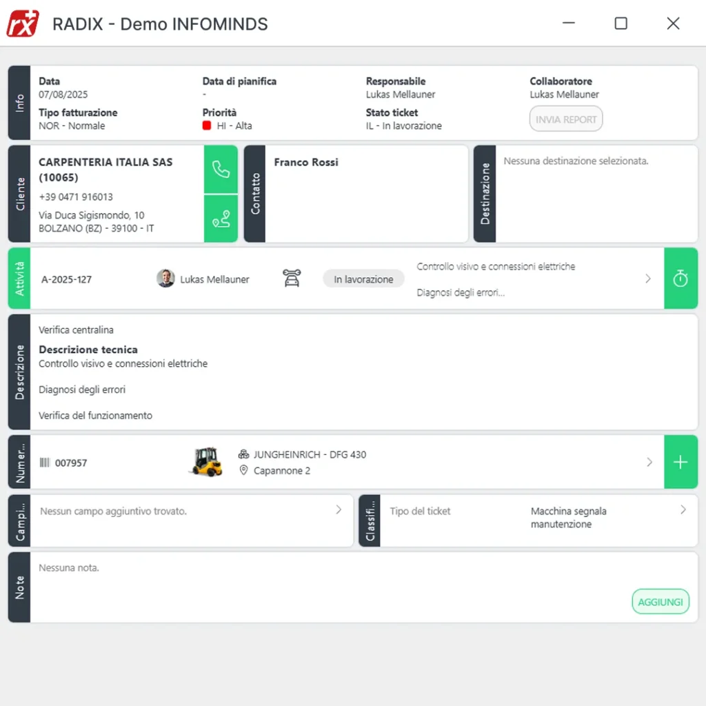 Software gestionale Radix: schermata gestione richieste di intervento per carrelli elevatori