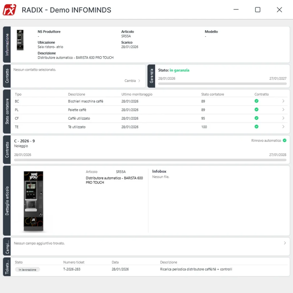 Software gestionale Radix: schermata gestione guasti, riparazioni e manutenzione straordinaria per distributori automatici e vending machine