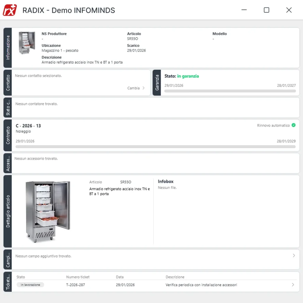 Software gestionale Radix: schermata gestione richieste di intervento per impianti di refrigerazione e ventilazione F-Gas