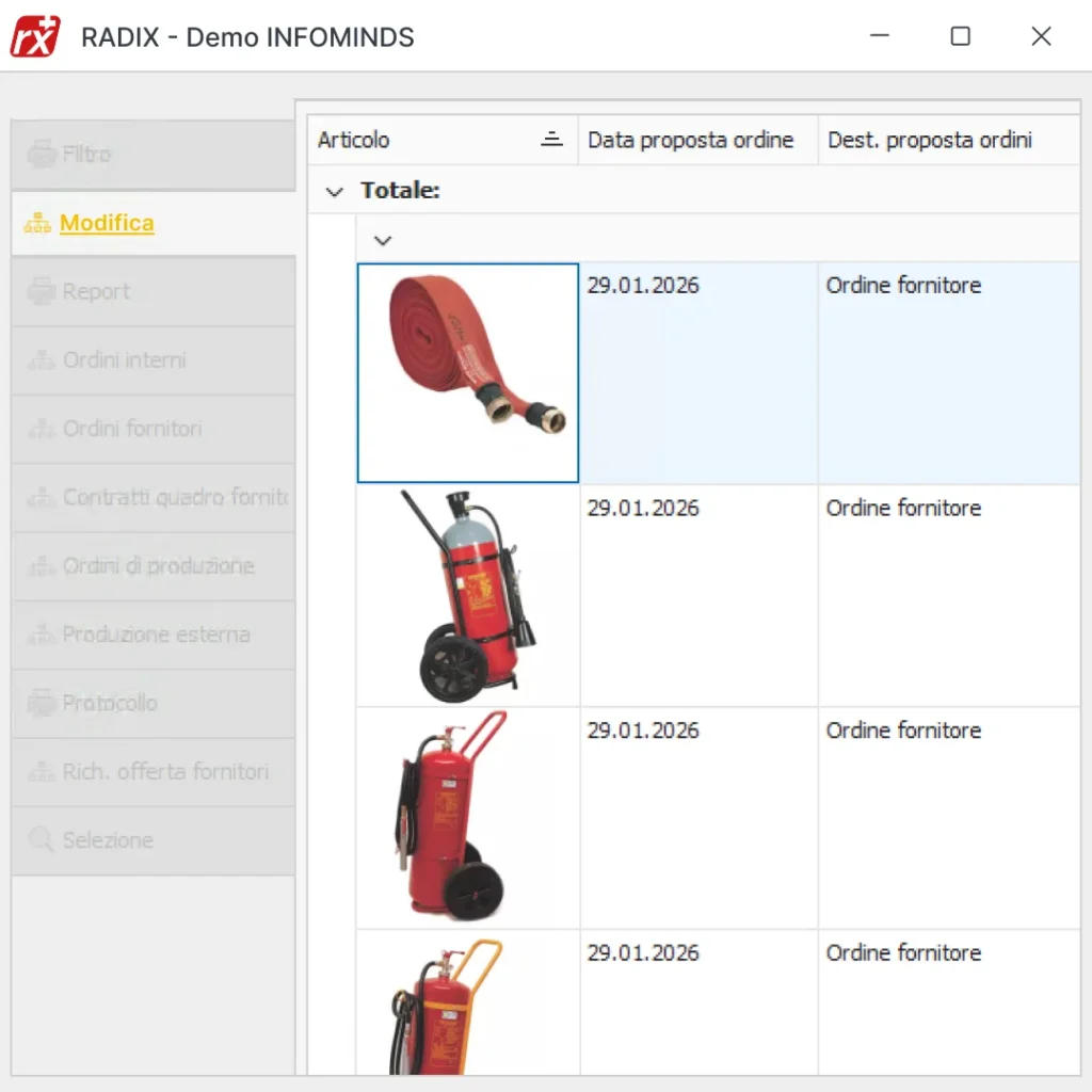 Software gestionale Radix: schermata gestione ricambi per impianti antincendio