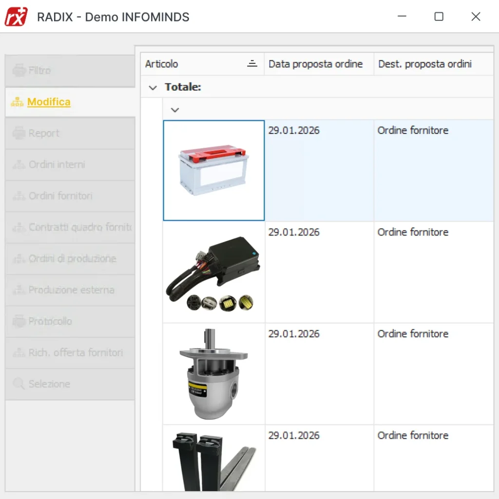 Software gestionale Radix: schermata gestione ricambi per carrelli elevatori