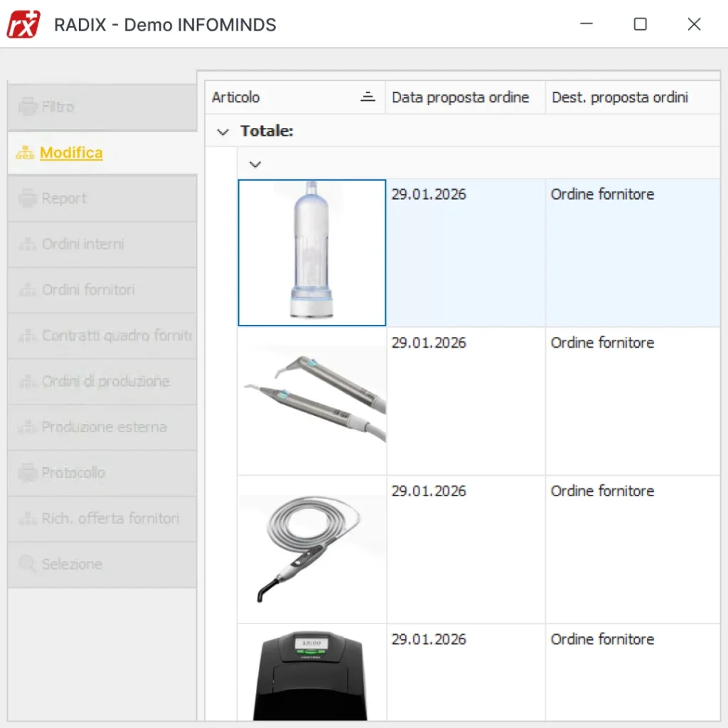 Software gestionale Radix: schermata gestione ricambi e consumabili per elettromedicali e attrezzature mediche