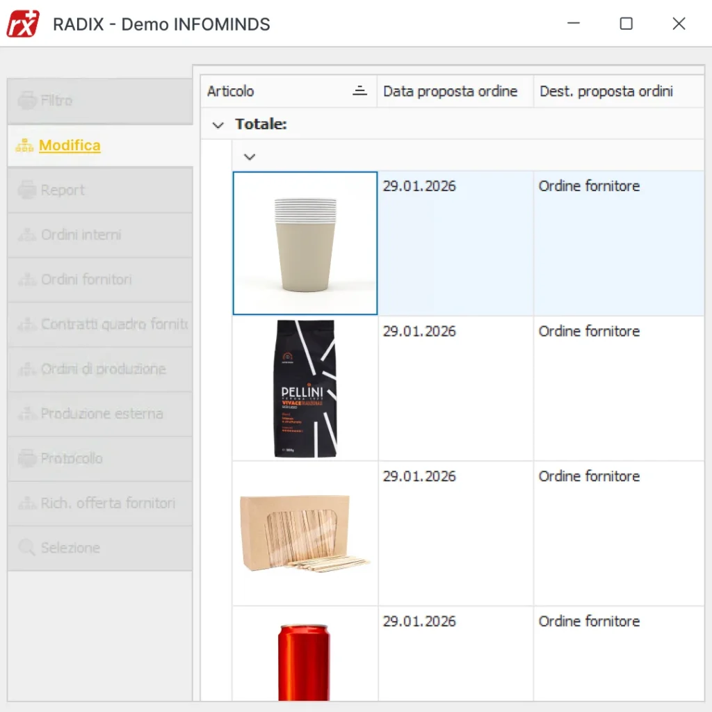 Software gestionale Radix: schermata gestione ricambi e consumabili per distributori automatici e vending machine