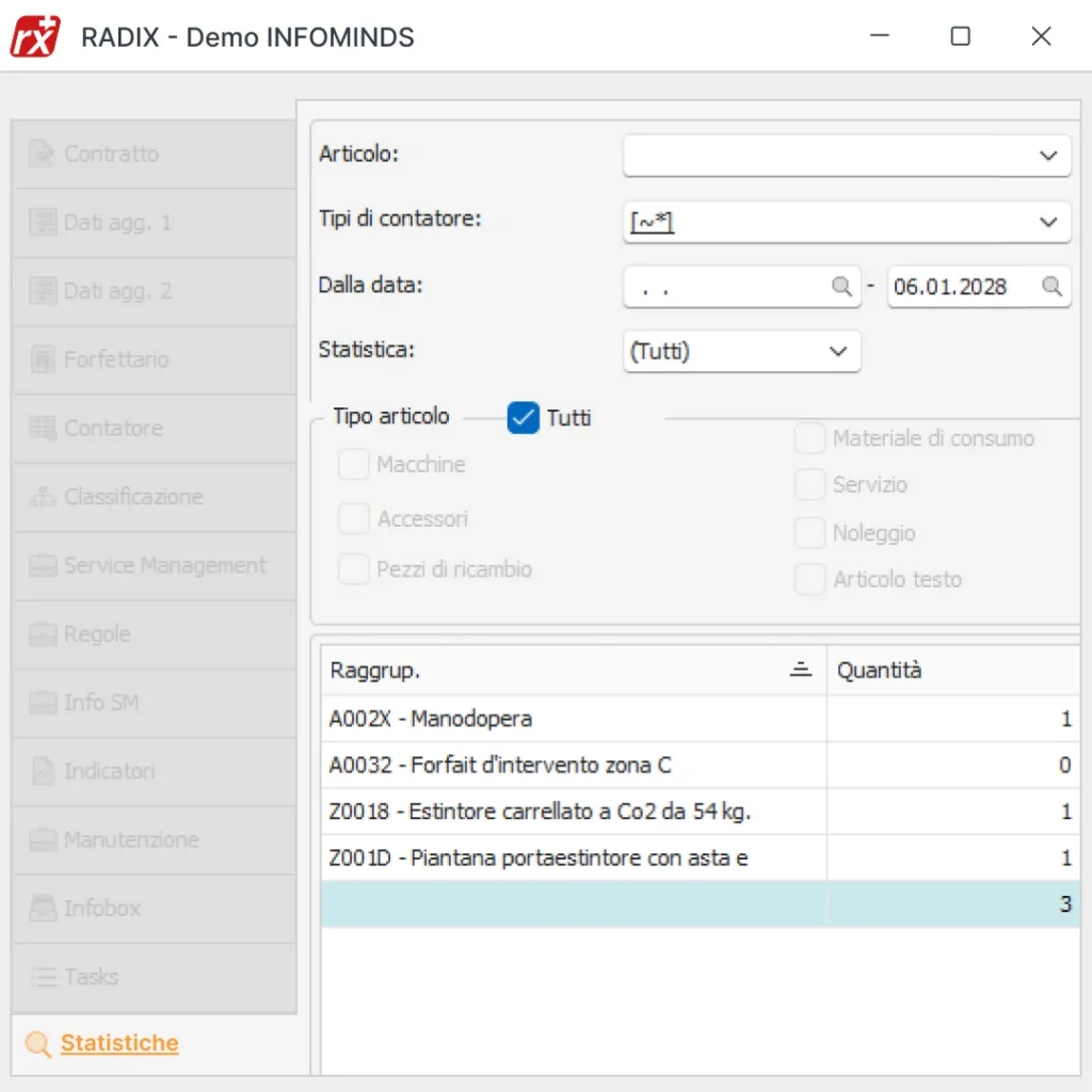 Software gestionale Radix: schermata fatturazione per impianti antincendio