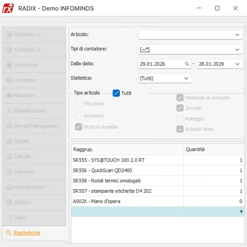 Software gestionale Radix: schermata fatturazione automatica e controllo costi-ricavi per attrezzature negozi e attività professionali