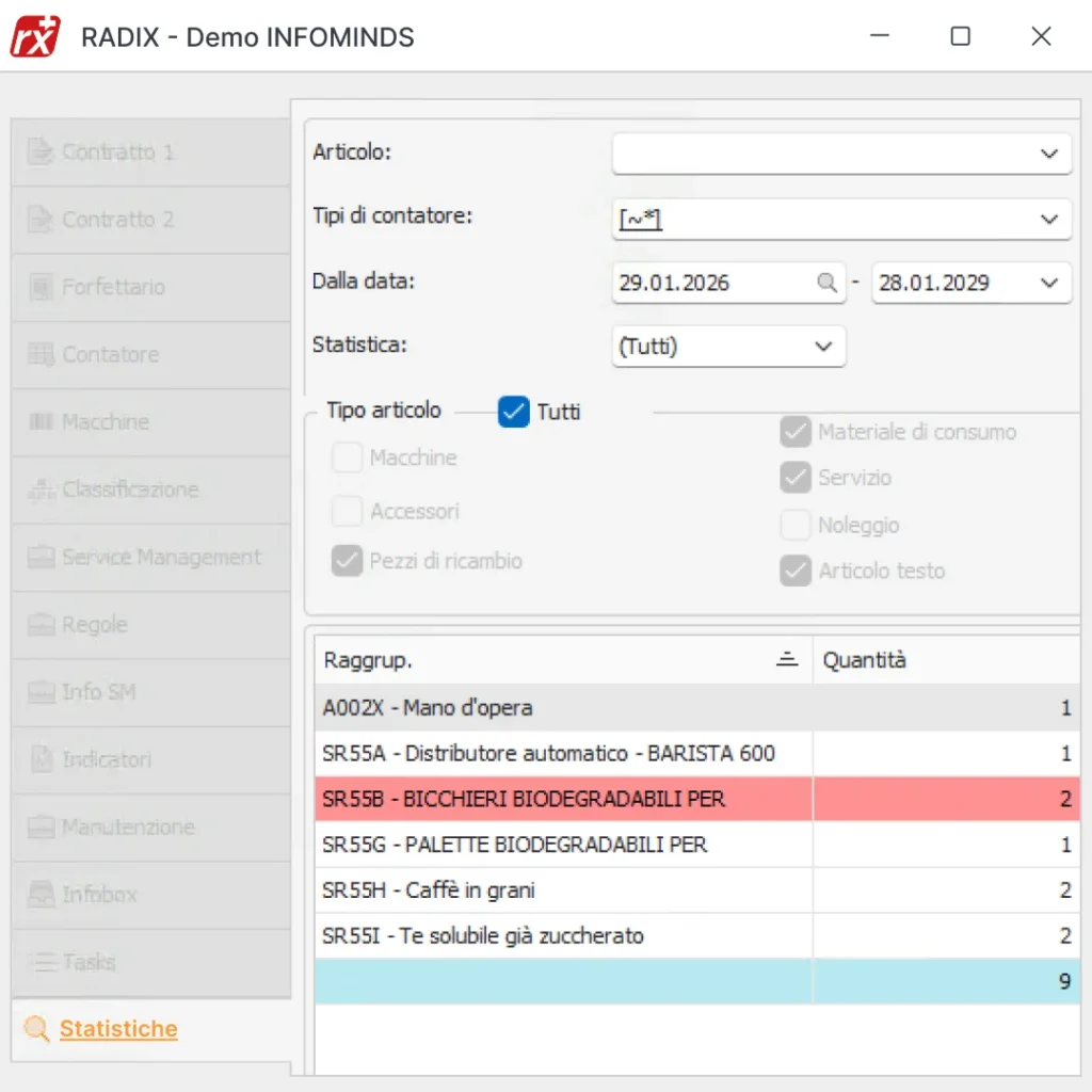 Software gestionale Radix: schermata fatturazione automatica e controllo costi-ricavi per distributori automatici e vending machine
