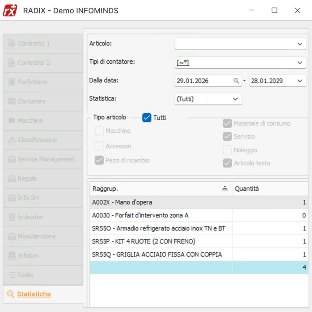 Software gestionale Radix: schermata fatturazione per impianti di refrigerazione e ventilazione F-Gas