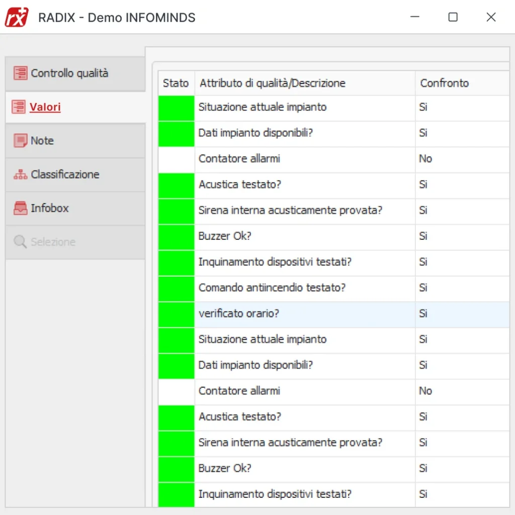 Software gestionale Radix: schermata checklist e verbali per impianti antincendio