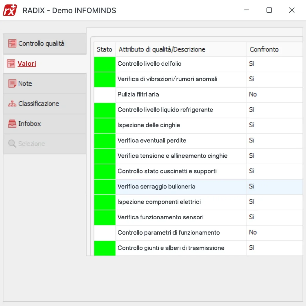 Software gestionale Radix: schermata checklist e verbali per macchinari e impianti