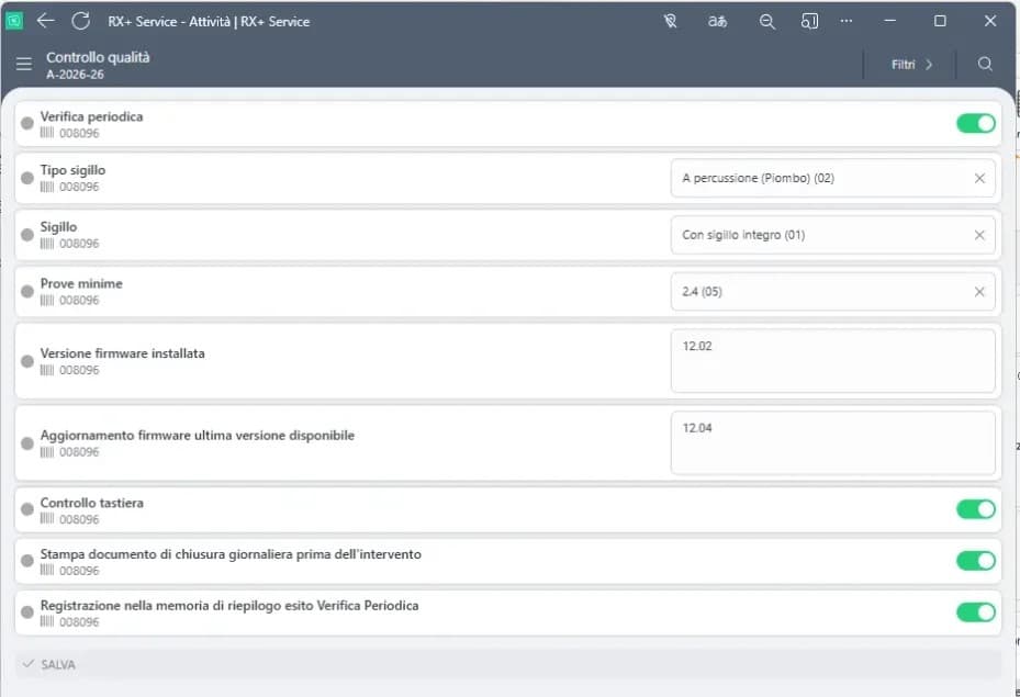 Software gestionale Radix: schermata checklist e rapporti intervento per attrezzature negozi e attività professionali