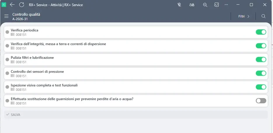 Software gestionale Radix: schermata checklist e rapporti intervento per elettromedicali e attrezzature mediche