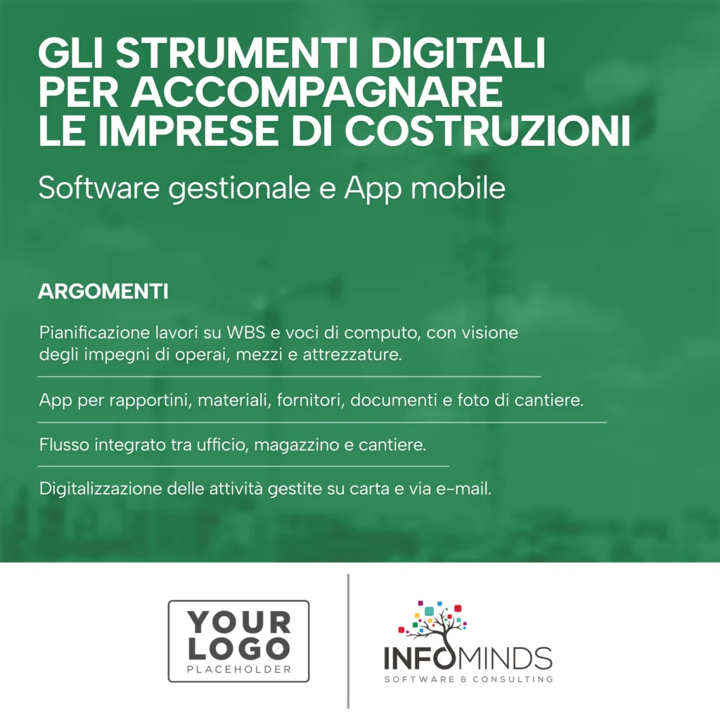 format 4 - Pianificazione lavori su WBS e voci di computo, con visione degli impegni di operai, mezzi e attrezzature App per rapportini, materiali, fornitori, documenti e foto di cantiere Flusso i