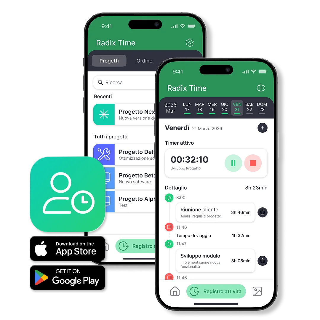 Radix Timer Registrazione tempi di progetti, ordini e produzioni: App Radix Time